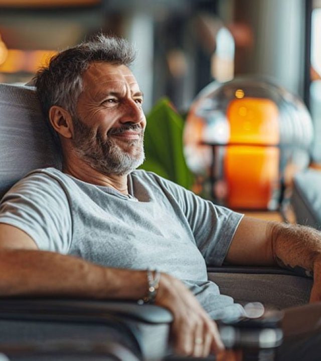 Adult man with a relaxed expression, reclining in a lounge chair Adult man with a relaxed expression, reclining in a lounge chair